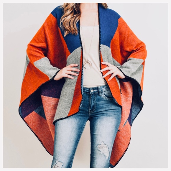 Fall/Winter Oversized Color Block Boho Poncho Shawl - Picture 4 of 5